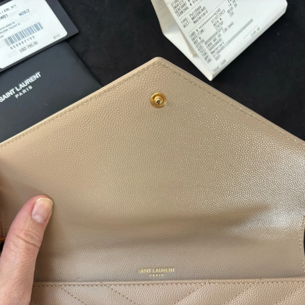 YSL Saint Laurent Dark Beige Grain de Poudre Leather Clutch Wristlet $850 - Picture 8 of 13